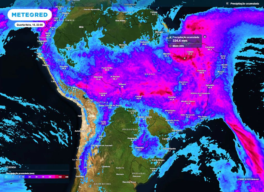 Previsão do acumulado de chuva entre a terça-feira (14) e quarta-feira (15).