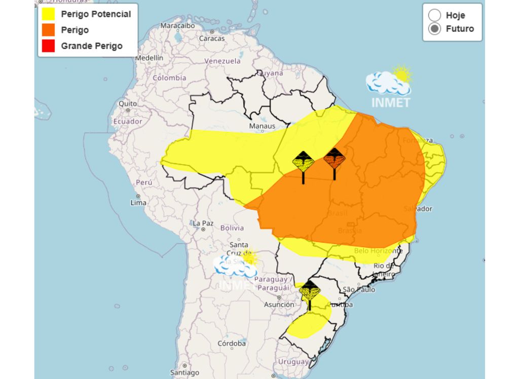Mapa de alertas amarelo e laranja do INMET para quarta-feira (15).