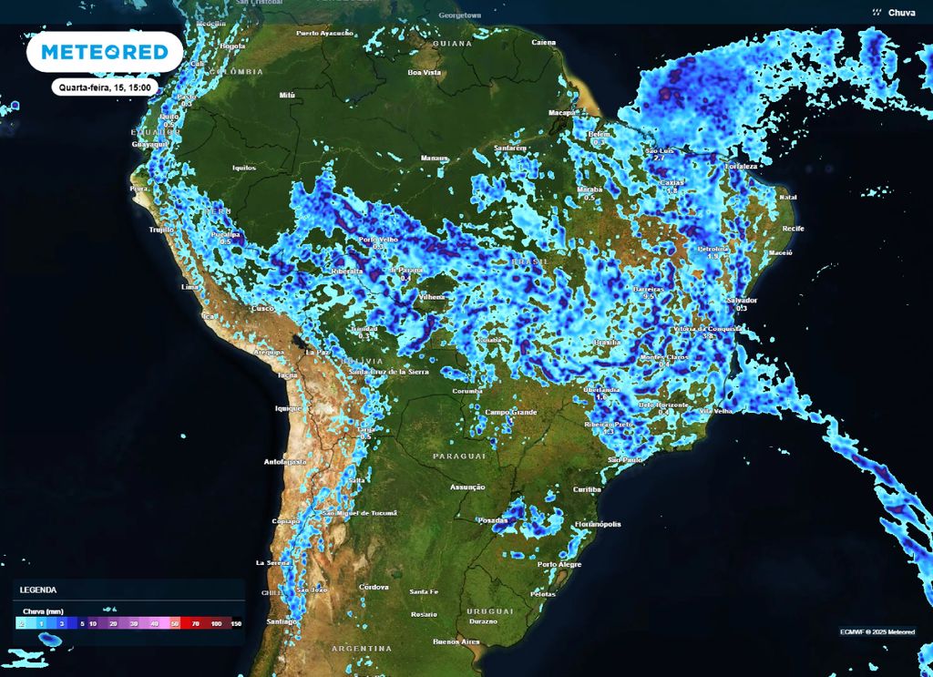 Previsão de precipitação para a tarde de quarta-feira (15), realizado pelo modelo ECMWF.