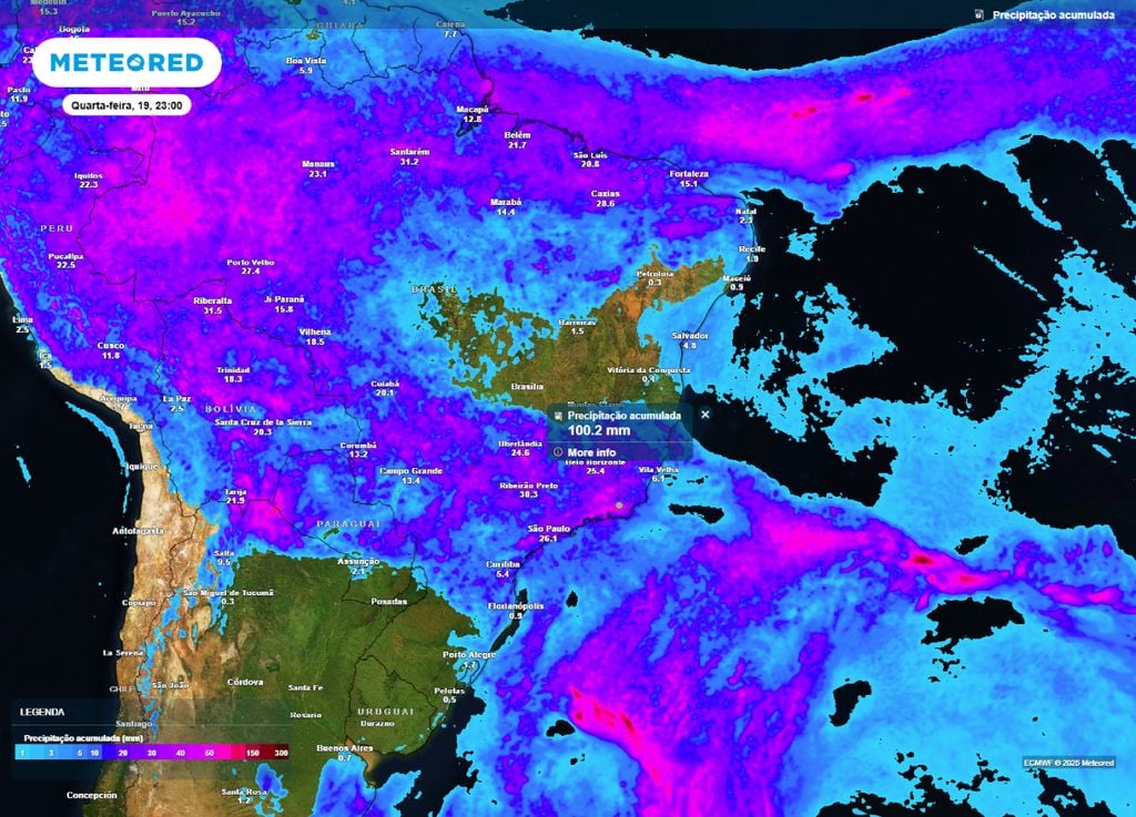 Chuva acumulada prevista entre terça-feira (18) e quarta-feira (19). Chuva acumulada prevista entre terça-feira (18) e quarta-feira (19).