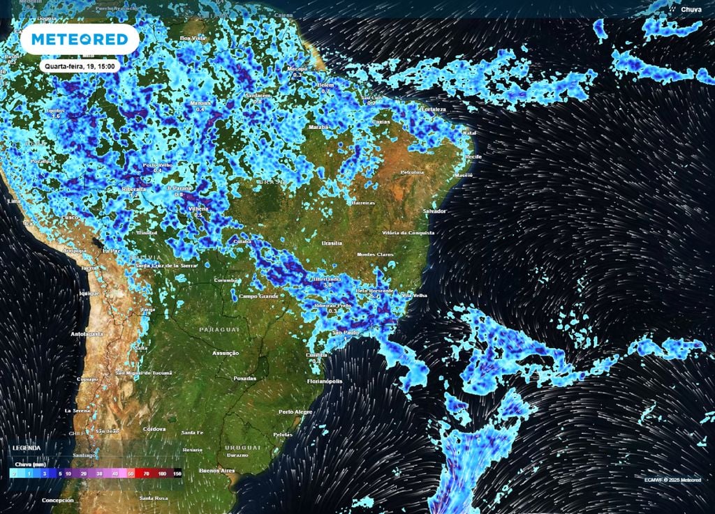Mapa de precipitação prevista para a tarde de quarta-feira (19). Mapa de precipitação prevista para a tarde de quarta-feira (19).