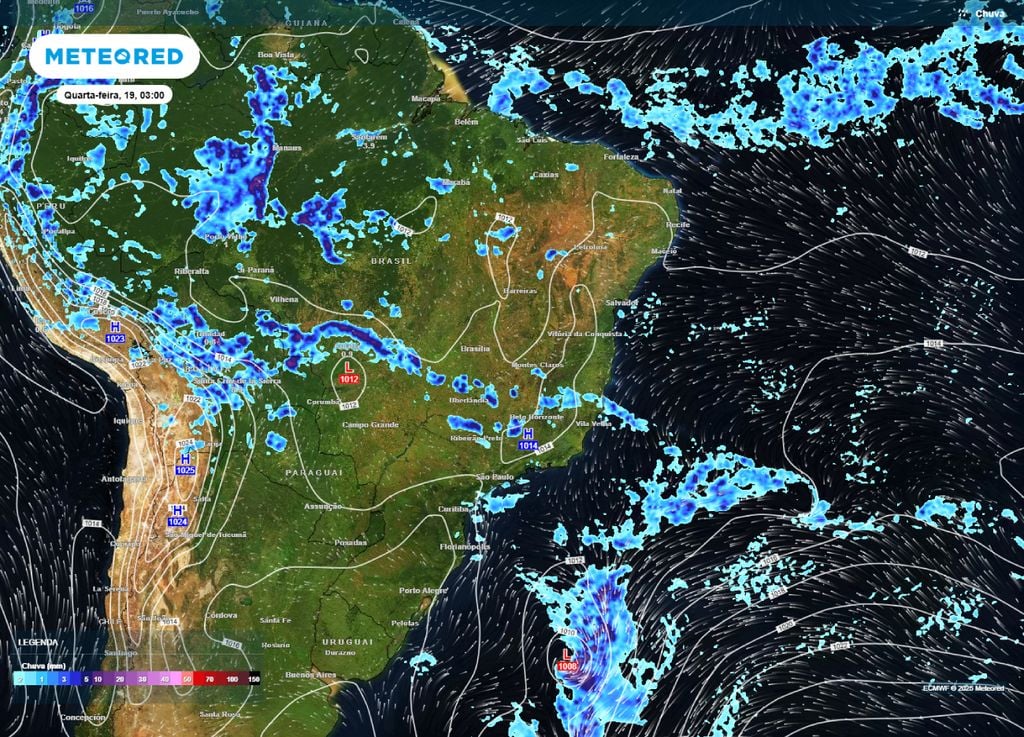 Mapa de precipitação prevista para a madrugada de quarta-feira (19). Mapa de precipitação prevista para a madrugada de quarta-feira (19).