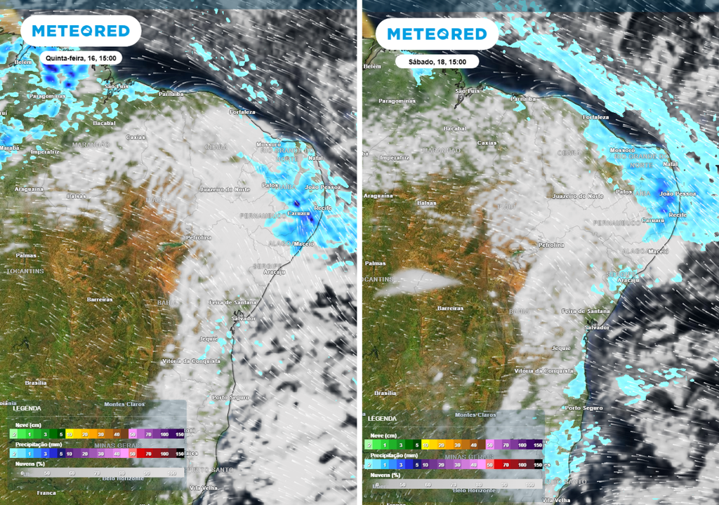 Previsão de precipitação (em mm) e nebulosidade para quinta-feira (16) às 15h à esquerda e sábado (18) às 15h à direita, segundo o modelo europeu ECMWF.