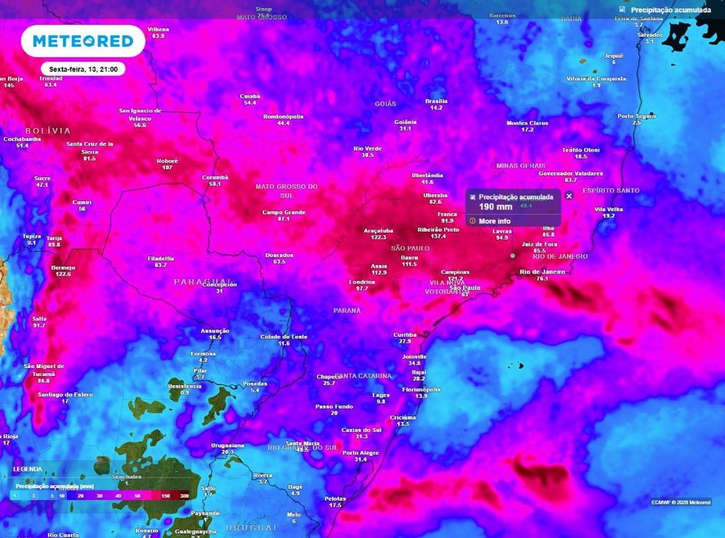 Previsão do acumulado de precipitação (em mm) até a sexta-feira (13) à noite (21h), segundo o modelo europeu ECMWF.
