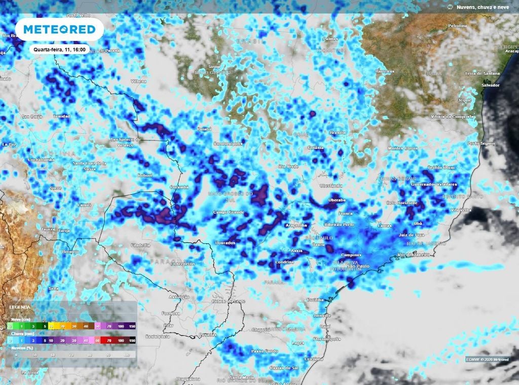 Previsão de precipitação (em mm) para a quarta-feira (11) à tarde (16h), segundo o modelo europeu ECMWF.