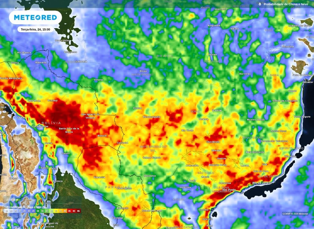 Probabilidade de precipitação para o Centro-Oeste na tarde desta terça (24).