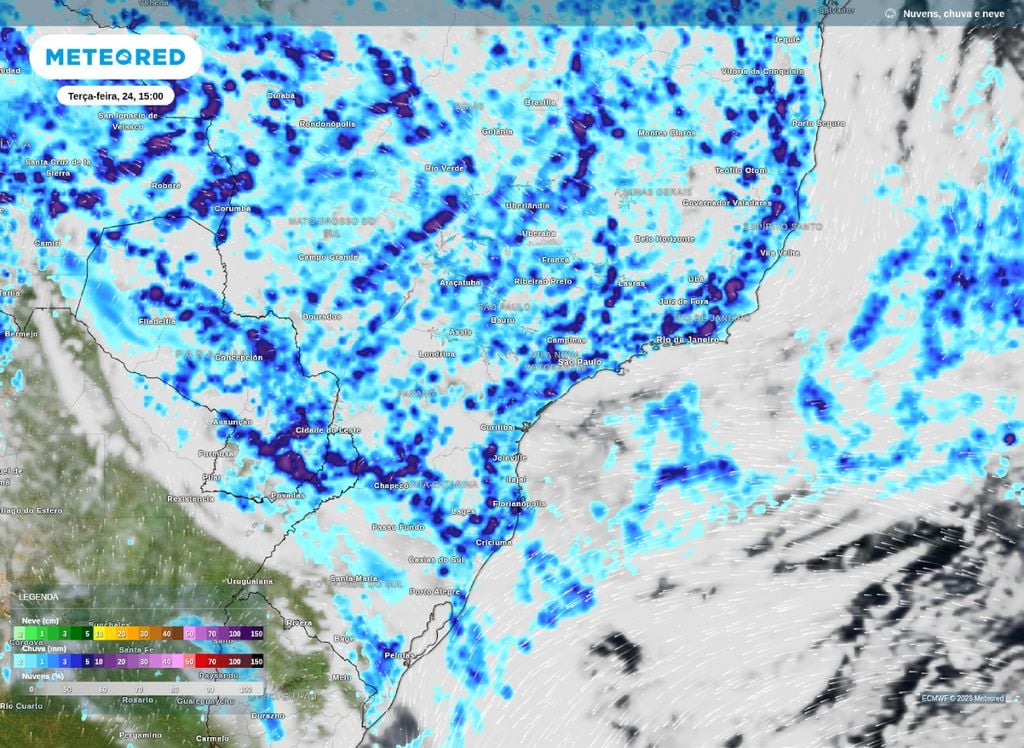 Previsão de chuvas para o Sul e Sudeste do Brasil nesta tarde de terça-feira (24).