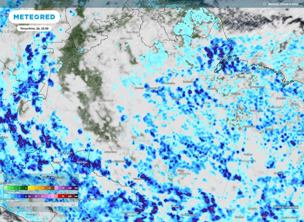 Previsão de chuvas para o Norte do Brasil nesta tarde de terça-feira (24).