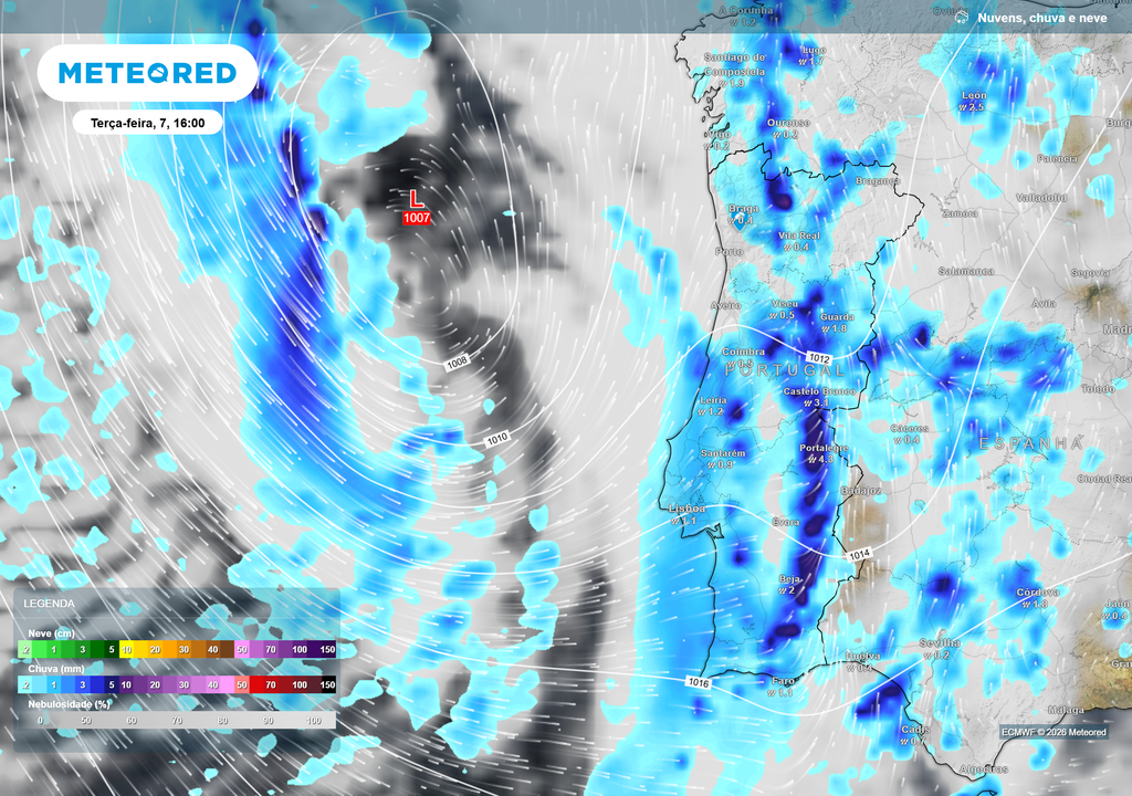 Precipitação generalizada em Portugal continental associada a uma depressão localizada a oeste do território, com períodos de chuva moderada a forte.