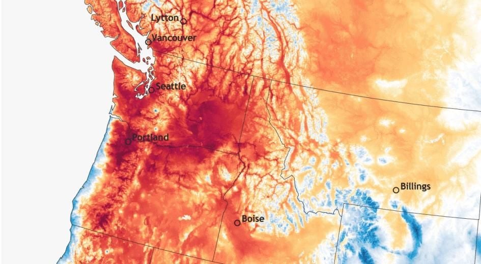 Mapa de las temperaturas máximas diurnas en el oeste de Estados Unidos entre el 23 y el 28 de junio de 2021. Temperaturas máximas diurnas en todo el oeste de Estados Unidos el 28 de junio de 2021, cuando una cúpula de calor se instaló sobre el noroeste del Pacífico, según datos del Análisis Mesoescala en Tiempo Real/URMA de la NOAA.