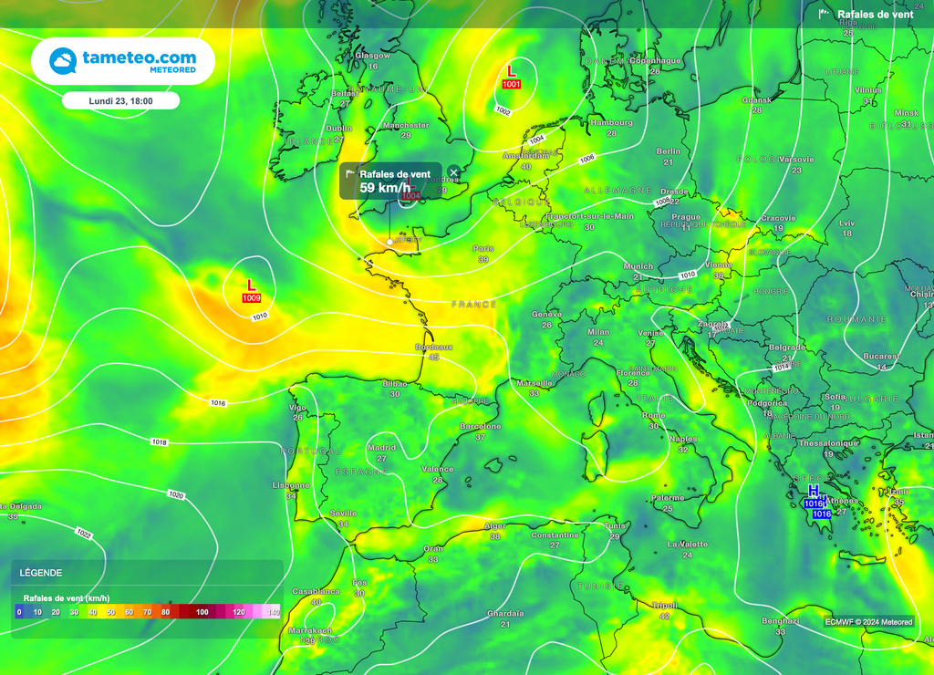Météo automnale pour débuter la semaine en France. Pluie et vent au menu.