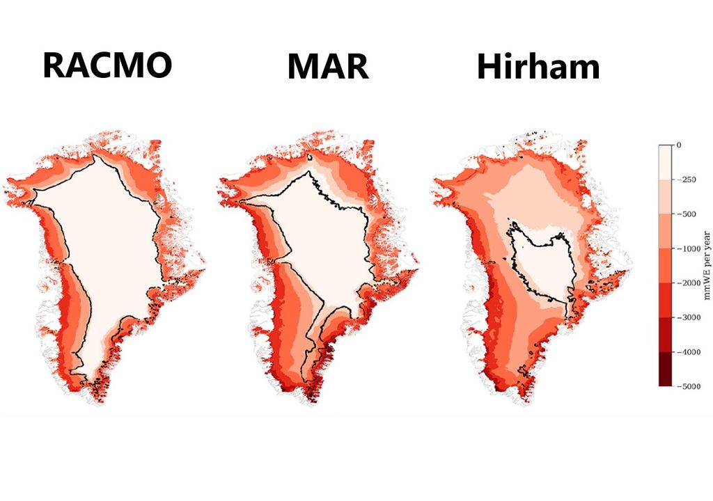 Simulación RACMO, MAR y Hirham, derretimiento hielo Groenlandia. Simulación RACMO, MAR y Hirham, derretimiento hielo Groenlandia.