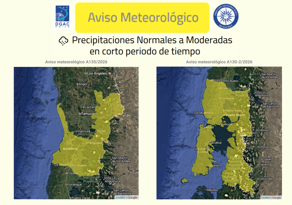Una vasta extensión de las regiones del sur está en atención por el paso previsto de un sistema frontal con río atmosférico entre este miércoles 18 y jueves 19 de marzo. Fuente: Dirección Meteorológica de Chile.