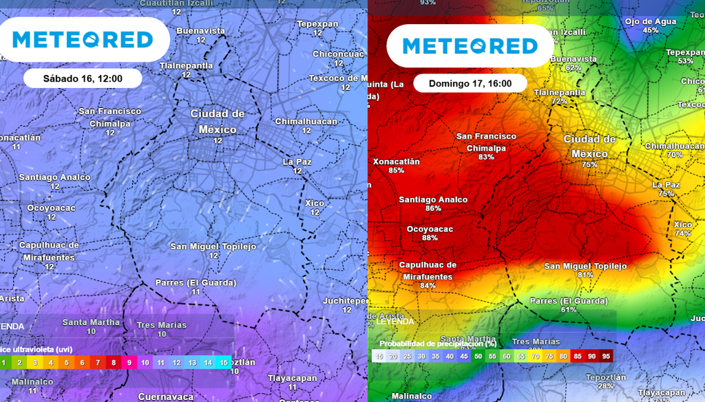 El sábado se esperan cielos algo más soleados con un índice de radiación UV extremo, mientras que el potencial de tormentas incrementará el domingo durante la tarde.