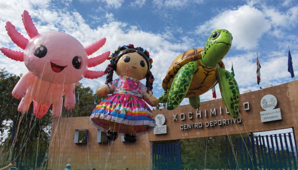Algunos de los globos gigantes que desfilarán durante este evento, varios de estos inspirados en los tesoros de la cultura y naturaleza mexicana. Imagen tomada de alcaldía Xochimilco Oficial.