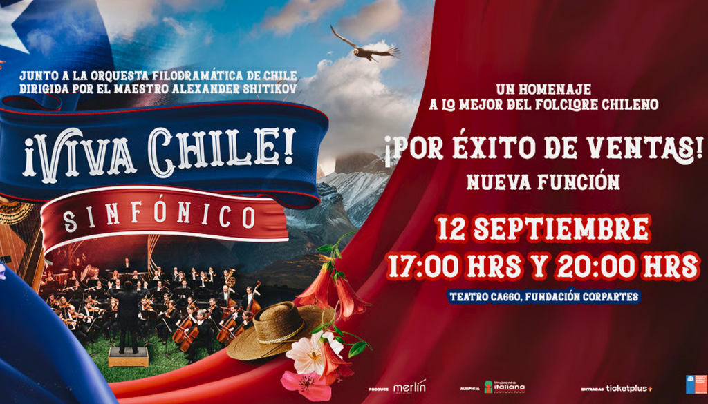 Viva Chile Sinfónico. "Viva Chile Sinfónico" rinde homenaje a lo mejor del folklore nacional. Crédito: Ticketplus.