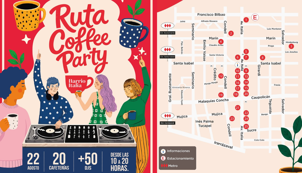 Ruta Coffee Party en Barrio Italia. Este sábado, el Barrio Italia se llenará de música y café de especialidad. Crédito: @barrioitalia.chile.
