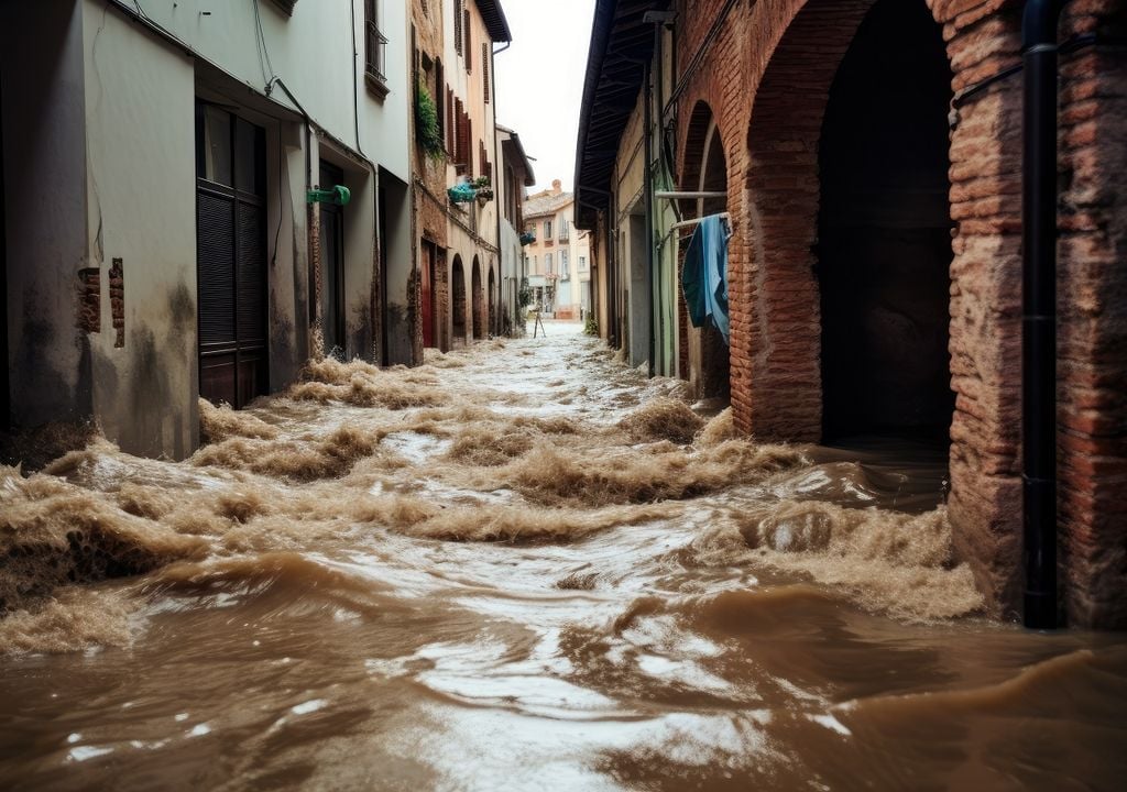 Inundaciones violentas en una calle estrecha