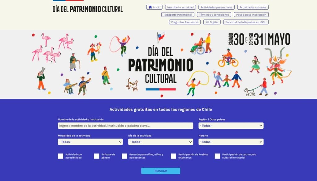 El sitio oficial del Día del Patrimonio cuenta con este buscador que permite filtrar actividades gratuitas por región, modalidad, día, horario y criterios como accesibilidad, enfoque de género o actividades para niñas, niños y adolescentes.
