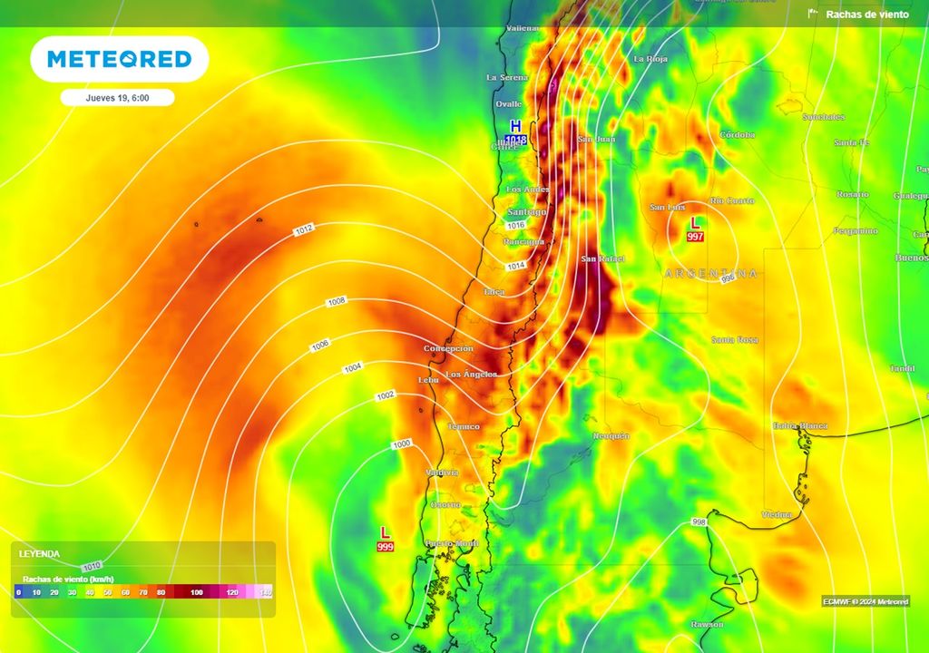 ráfagas de viento previstas según el modelo del ECMWF