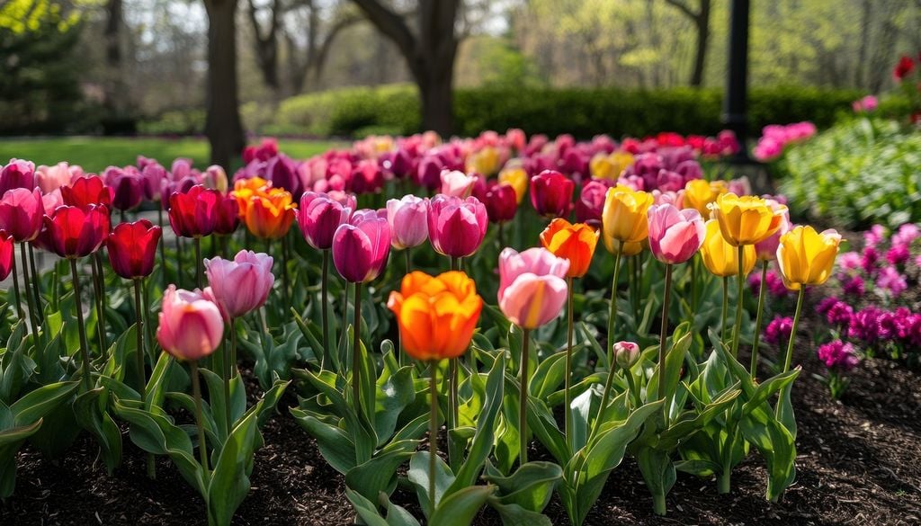 Los tulipanes funcionan especialmente bien cuando se plantan en grupos amplios o por bloques de color.