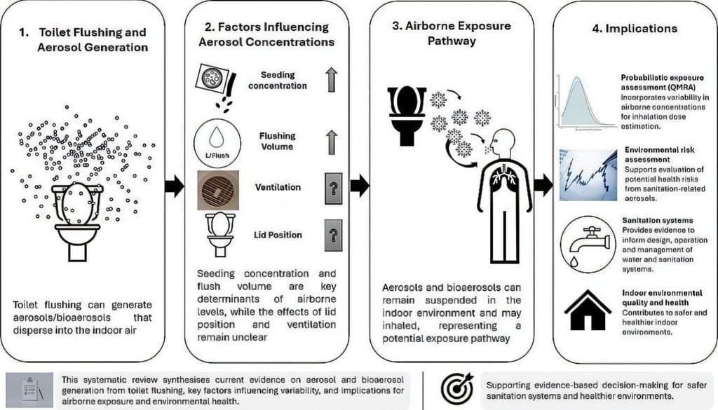 Representación gráfica conceptual de lo que ocurre en el baño al tirar de la cadena de un inodoro. Lira Adiyani, et al. Science of the Total Environment https://www.sciencedirect.com/science/article/pii/S0048969726007771