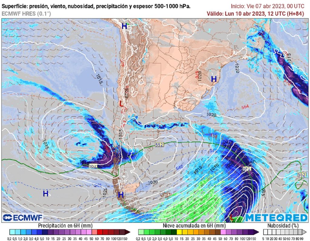 Presión y precipitaciones previstas; modelo ECMWF