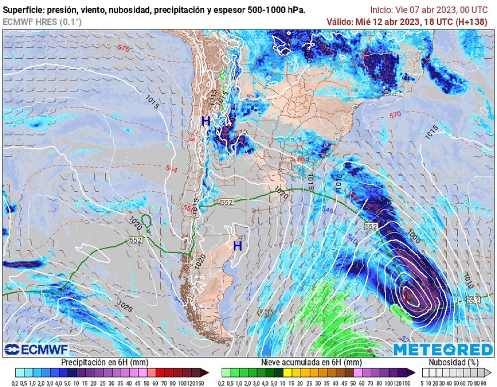 precipitación y presión previstas; modelo ECMWF