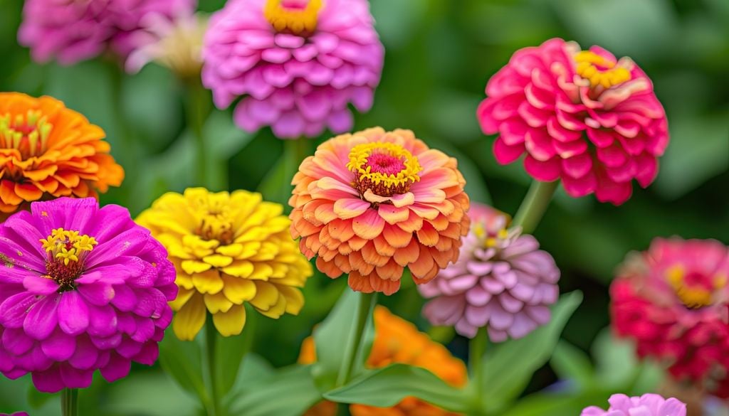 plantas Resistentes y de bajo mantenimiento, las zinnias destacan por sus pétalos firmes en tonos llamativos que toleran muy bien el sol pleno.