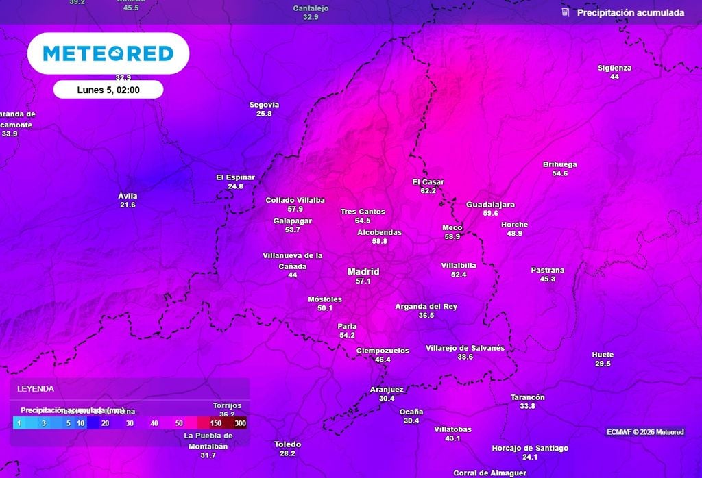 Hasta el domingo se acumularán cantidades de lluvia entre los 40 y los 60 l/m2 en Madrid y alrededores. Las previsiones están muy cambiantes.