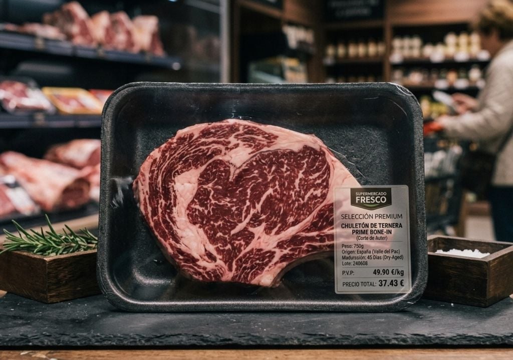 carne El fondo negro suele utilizarse en cortes seleccionados o líneas premium porque realza visualmente el rojo de la carne y el blanco de la grasa.