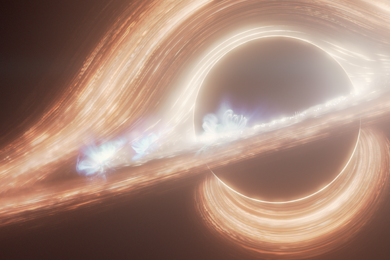 Künstlerische Darstellung schneller Flares in der Nähe von Sagittarius A*, dem zentralen galaktischen Schwarzen Loch. Bildquelle: NASA, ESA, CSA, Ralf Crawford (STScI).