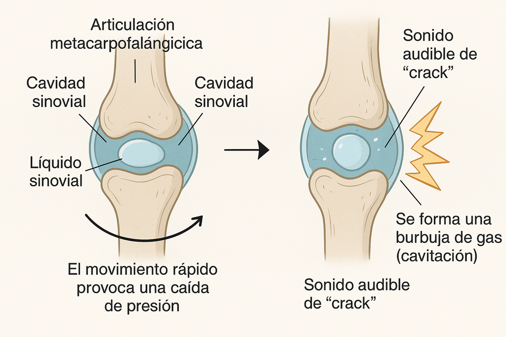 Ilustración que muestra el proceso de cavitación articular en una articulación sinovial. Ilustración que muestra el proceso de cavitación articular en una articulación sinovial.