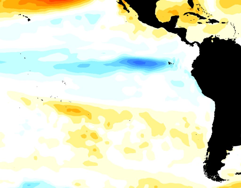 Pronóstico de temperatura superficial del mar para el trimestre octubre-diciembre de 2025, según datos del CIIFEN.