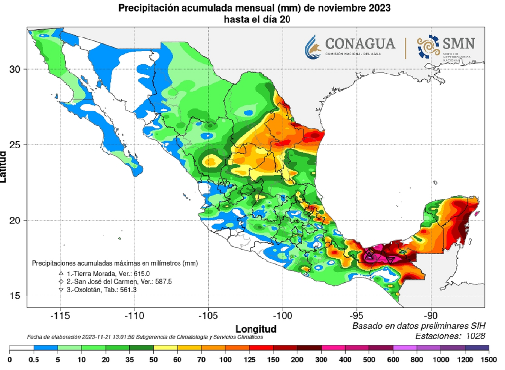Lluvias acumuladas hasta el 22 de noviembre