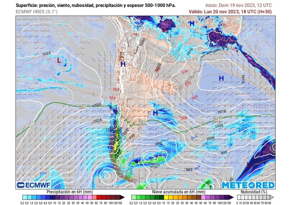 Modelo ECMWF mostrando las precipitaciones previstas asociadas a la inestabilidad sobre la Patagonia