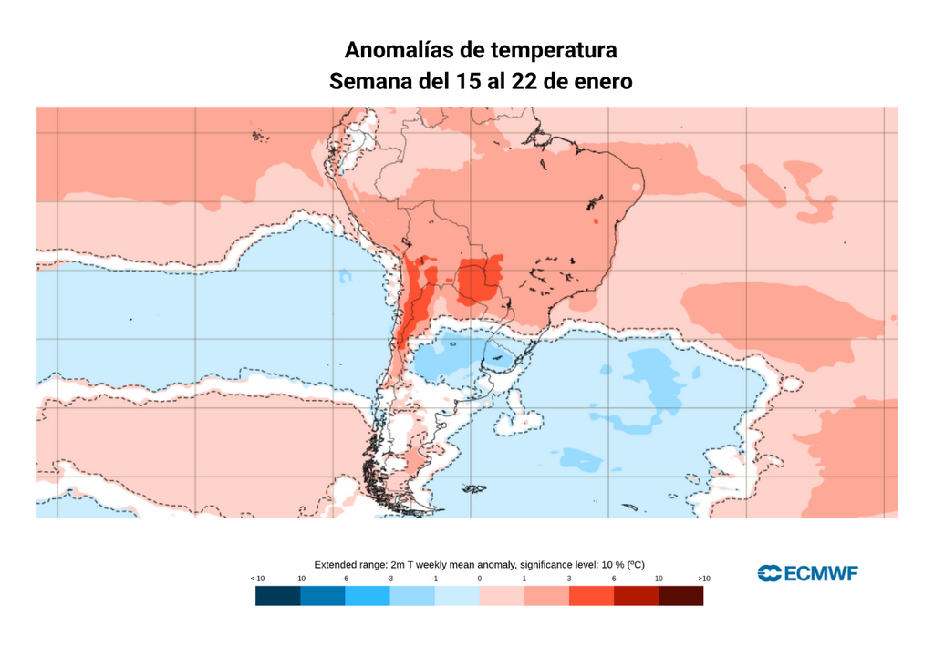mapa de anomalías de temperatura semanal.