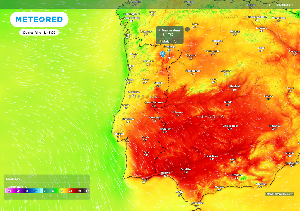 A tarde desta quarta-feira (3) ainda será quente no interior, com máximas próximas dos 30 ºC no Douro e Interior Centro e valores até 33 ºC no Alentejo e Algarve. O litoral oeste já sente maior influência atlântica.