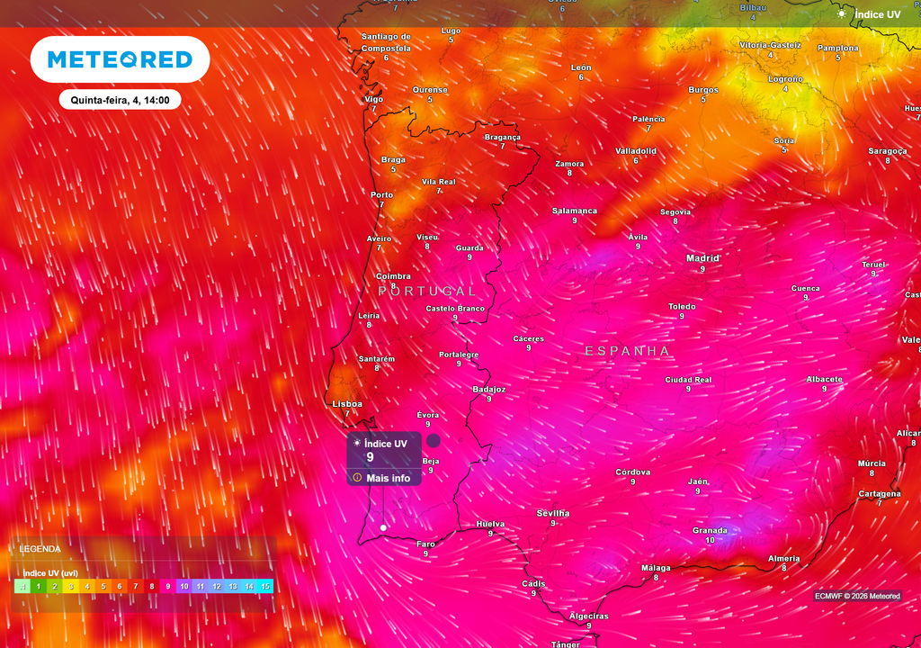 Apesar da descida da temperatura, o índice UV irá continuar muito alto em grande parte do país, com valores entre 7 e 9. A proteção solar mantém-se essencial, sobretudo nas horas centrais do dia.