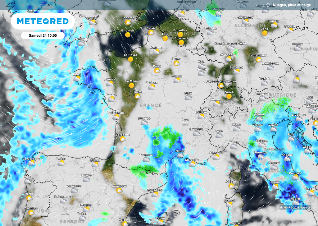 Ce samedi matin, une nouvelle perturbation arrivera par la Bretagne avec des pluies parfois fortes. Ce samedi matin, une nouvelle perturbation arrivera par la Bretagne avec des pluies parfois fortes.
