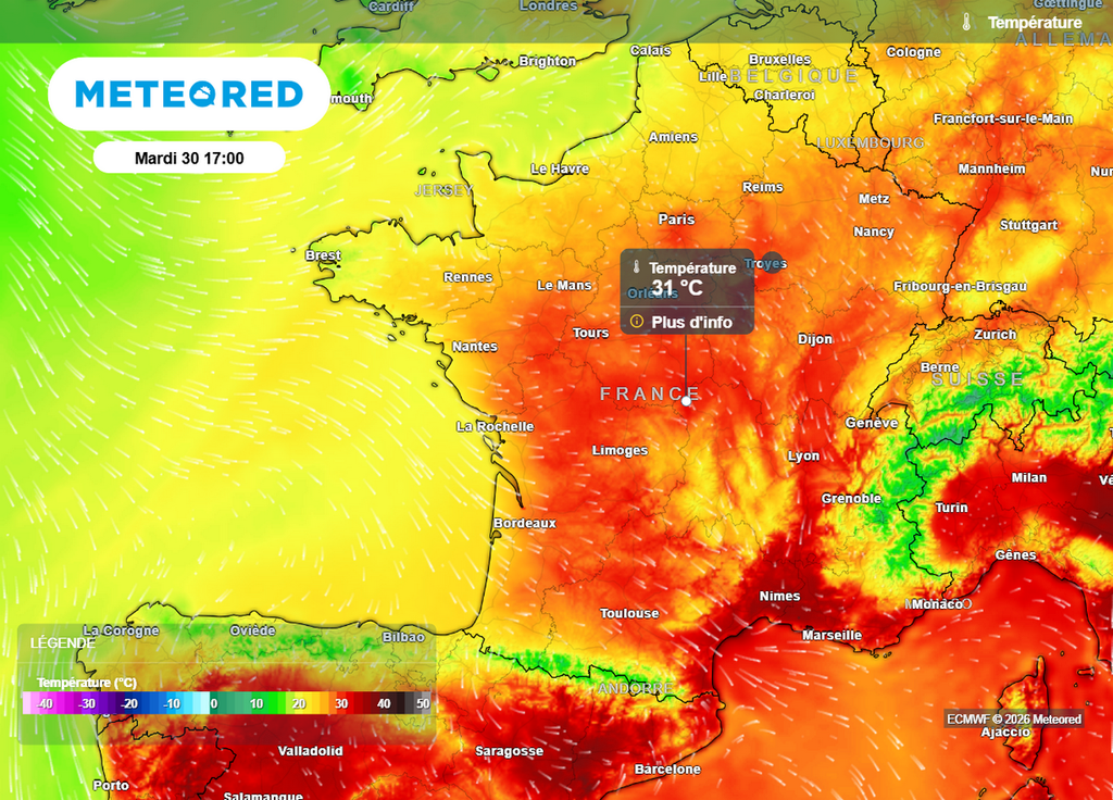 Le seuil de forte chaleur (30°C) sera atteint et dépassé sur de nombreuses régions ce mardi après-midi