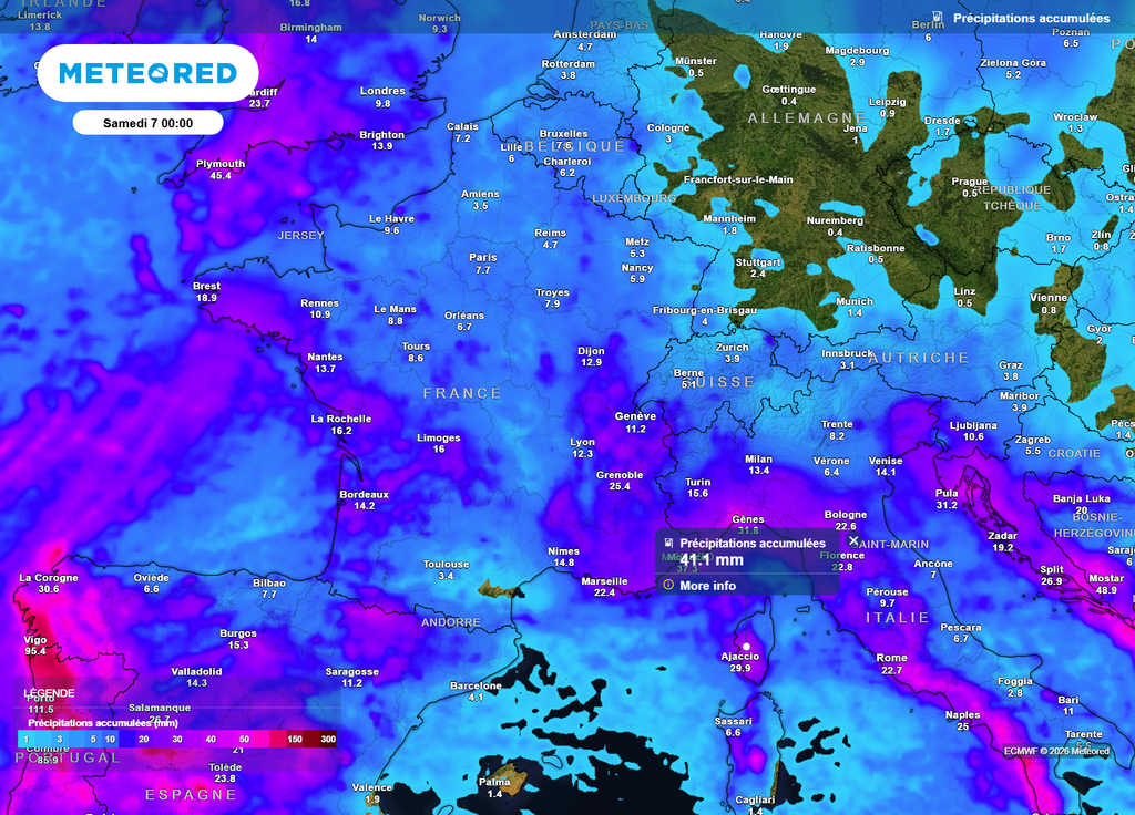 D'ici vendredi soir, c'est certainement la Corse qui sera la région de France la plus arrosée, avec localement plus de 40mm de pluie en 36h seulement.