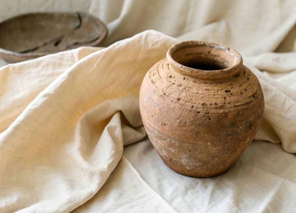 Un pot en terre cuite sur une nappe en lin.