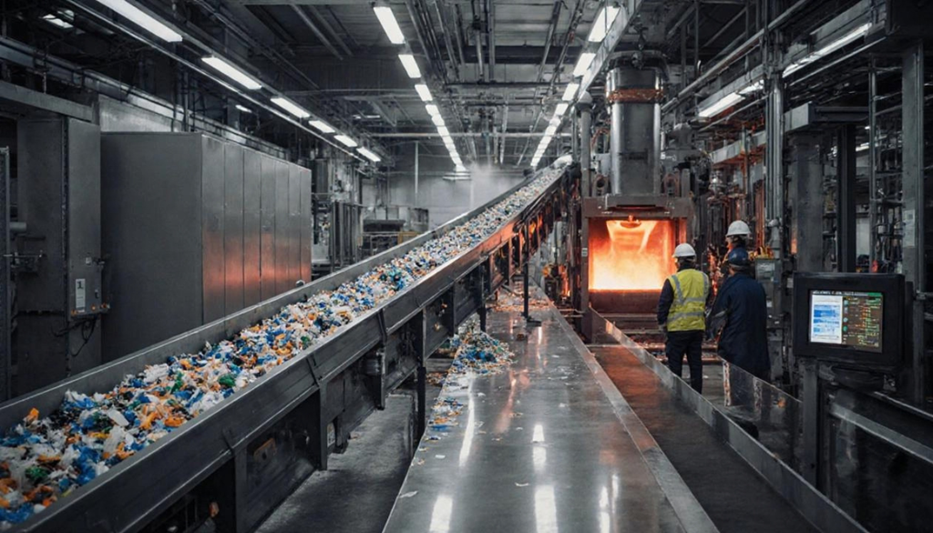 La incineración sigue siendo una de las vías utilizadas para tratar plásticos difíciles de reciclar, aunque implica pérdida de material y generación de emisiones. Residuos plásticos avanzan por una línea industrial hacia un sistema de incineración, una de las vías utilizadas para tratar materiales difíciles de reciclar. Crédito: BK Allied Manufacturing India.