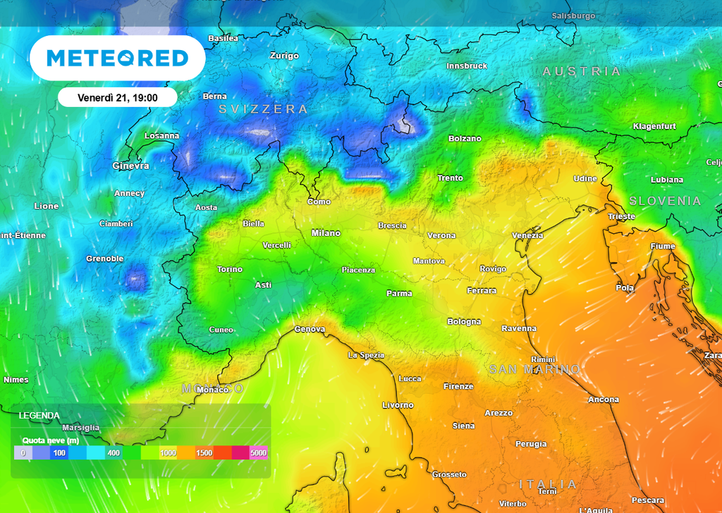 Quota neve secondo ECMWF per la sera di Venerdì al Nord