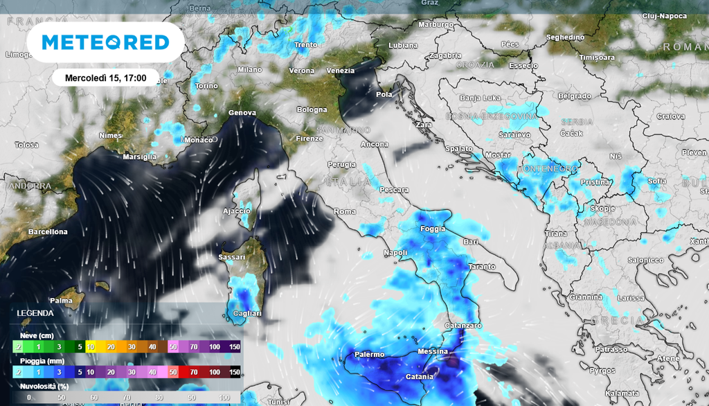 Mercoledì il peggioramento interesserà soprattutto le regioni meridionali e in particolare la Sicilia dove gli accumuli potrebbero essere anche abbondanti e molto intensi.
