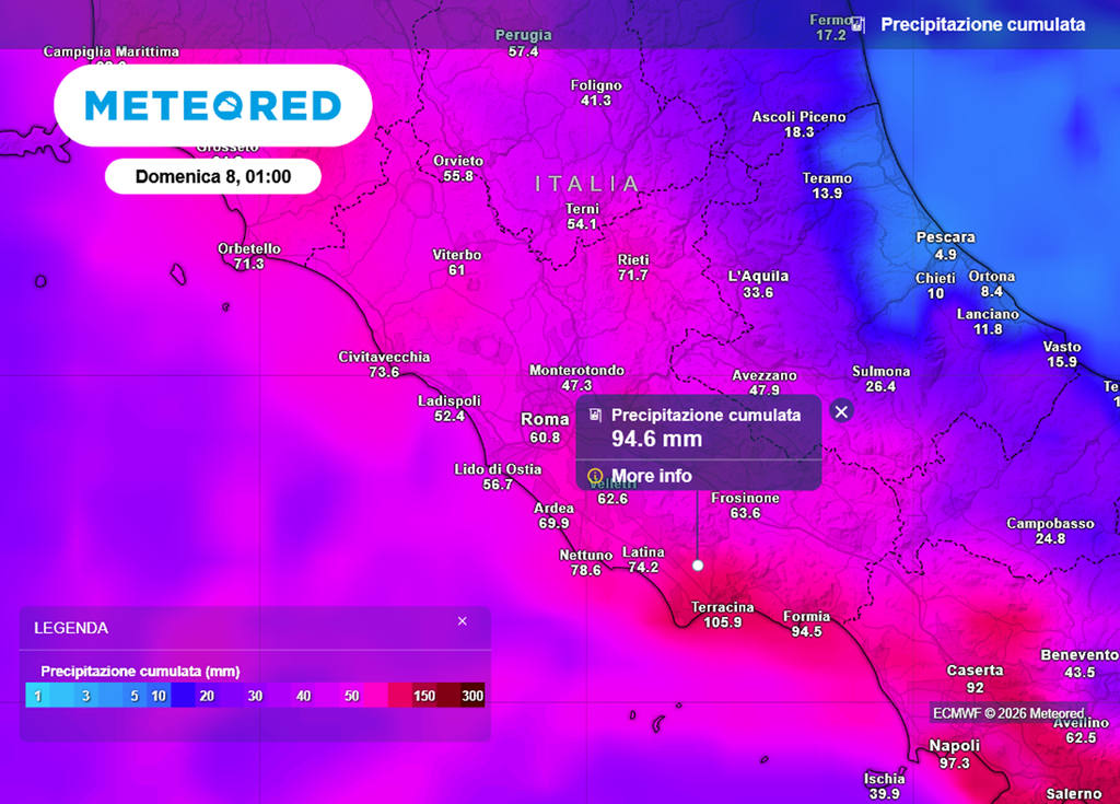 Entro domenica 8 febbraio potrebbero accumularsi oltre 100 mm nel Lazio meridionale, e oltre 70 mm nella gran parte della regione.