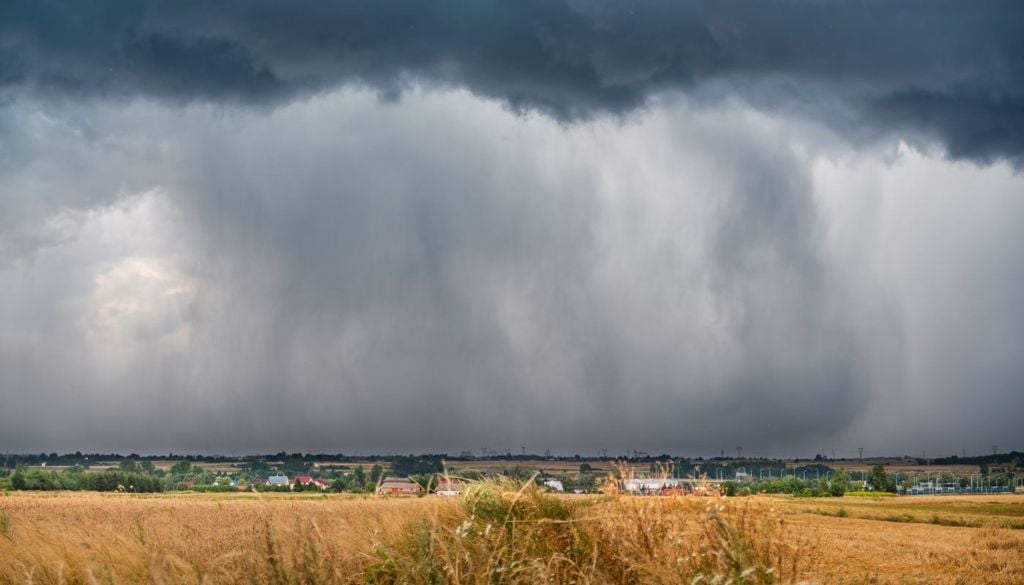 Il downburst colpisce il suolo e diverge radialmente, producendo forti raffiche di vento. La divergenza al suolo spinge il fronte temporalesco verso l’esterno, deformando la linea convettiva in una forma ad arco.