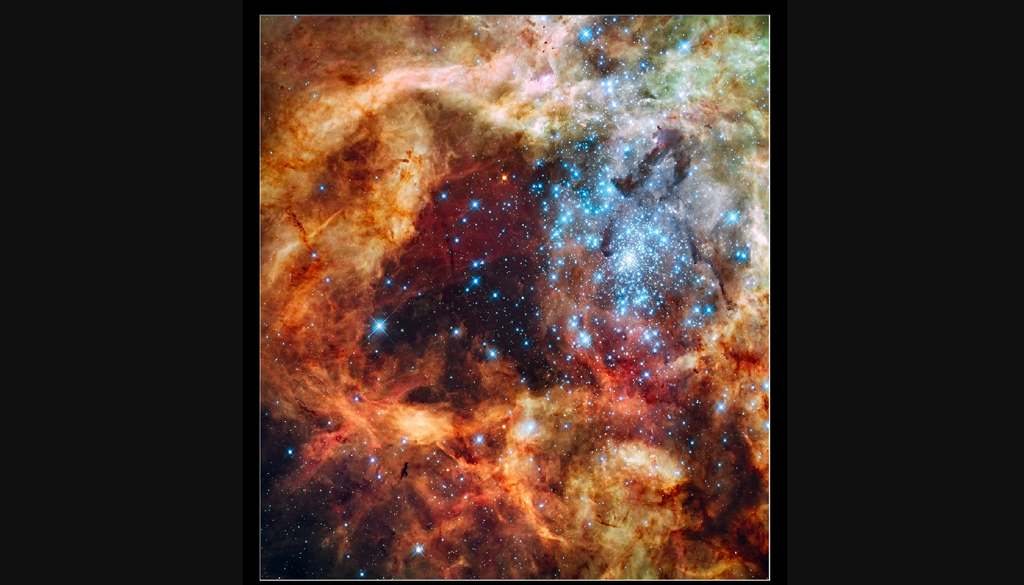 Regione formazione stellare Esempio di regione di formazione stellare. Queste sono assenti nella galassia che ospita il buco nero supermassiccio J0100+2802. Credit: NASA, ESA, and F. Paresce (INAF-IASF, Bologna, Italy), R. O'Connell (University of Virginia, Charlottesville), and the Wide Field Camera 3 Science Oversight Committee