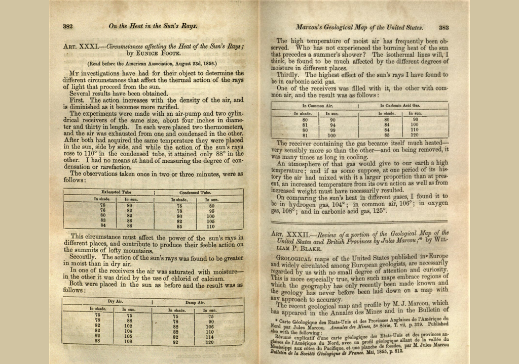Escaneo del artículo de Eunice Foote “Circumstances affecting the heat of the Sun’s rays”, publicado en el American Journal of Science en 1857. Imagen tomada de NOAA Climate.gov.